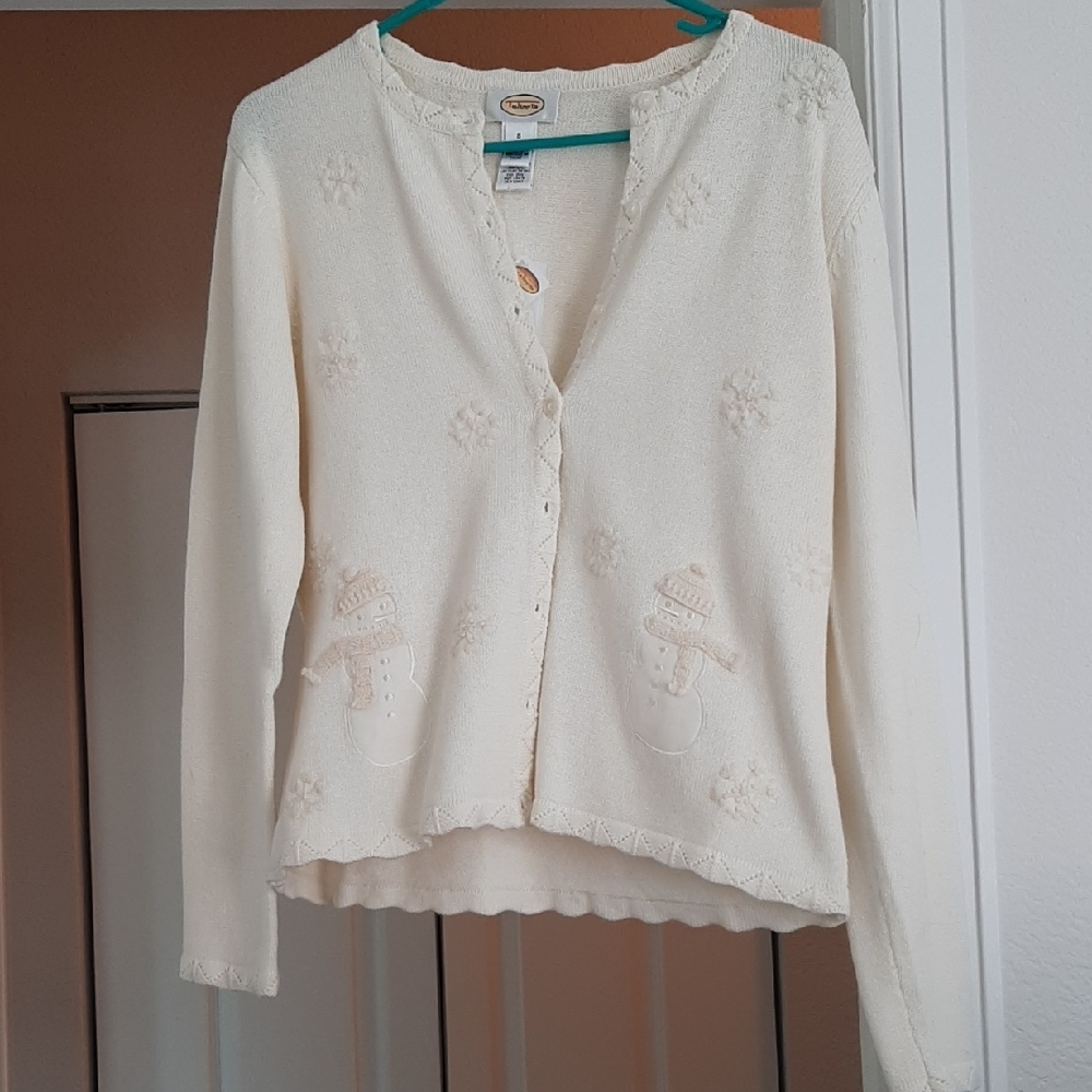 Talbots Cream Snowman Knit Cardigan Sweater